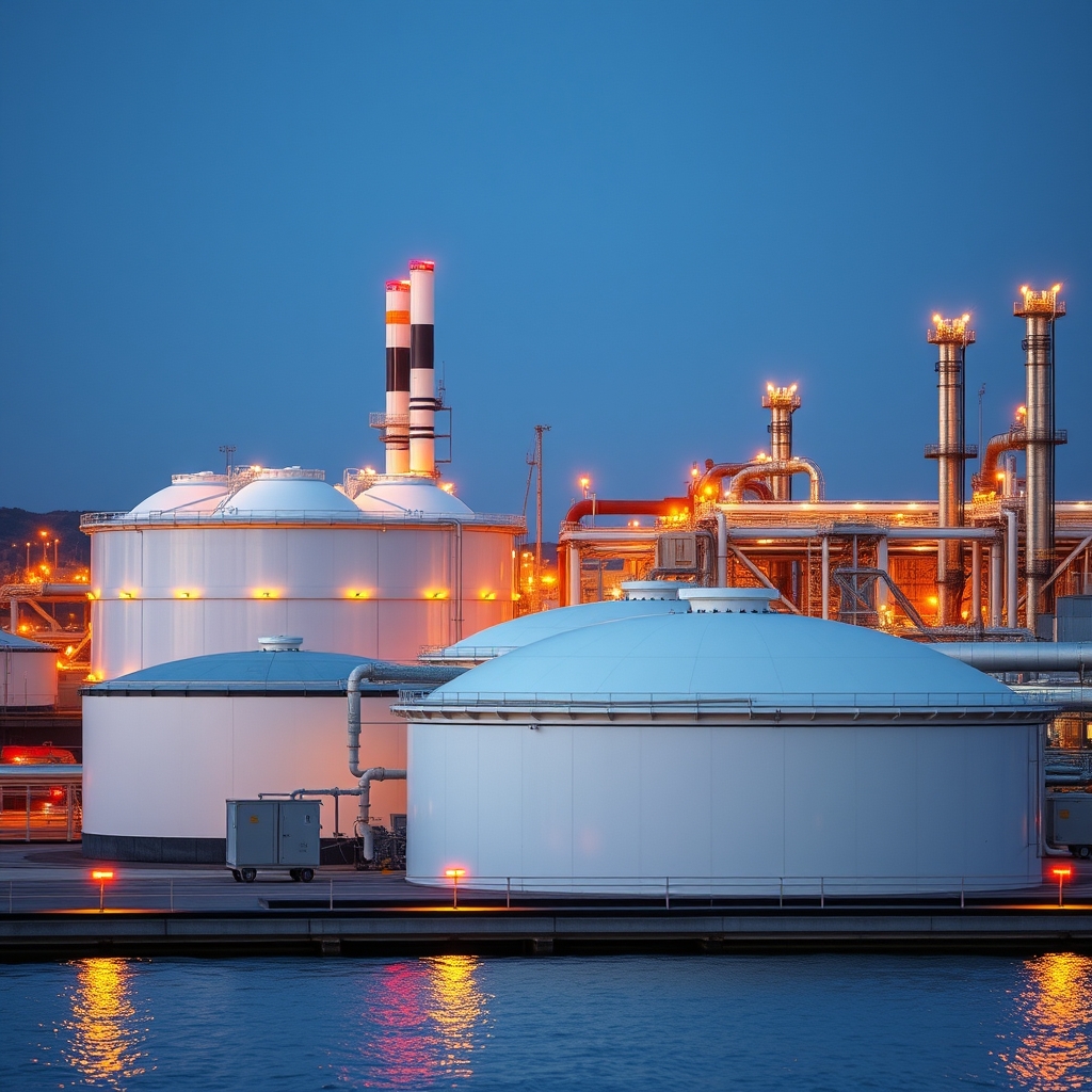 Moderni energetski terminal sa spremnicima uz more u suton
