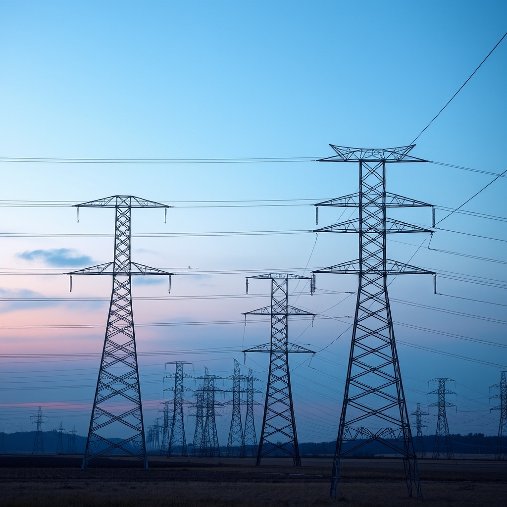 Dalekovodi i stupovi visokog napona u suton — energetska mreža