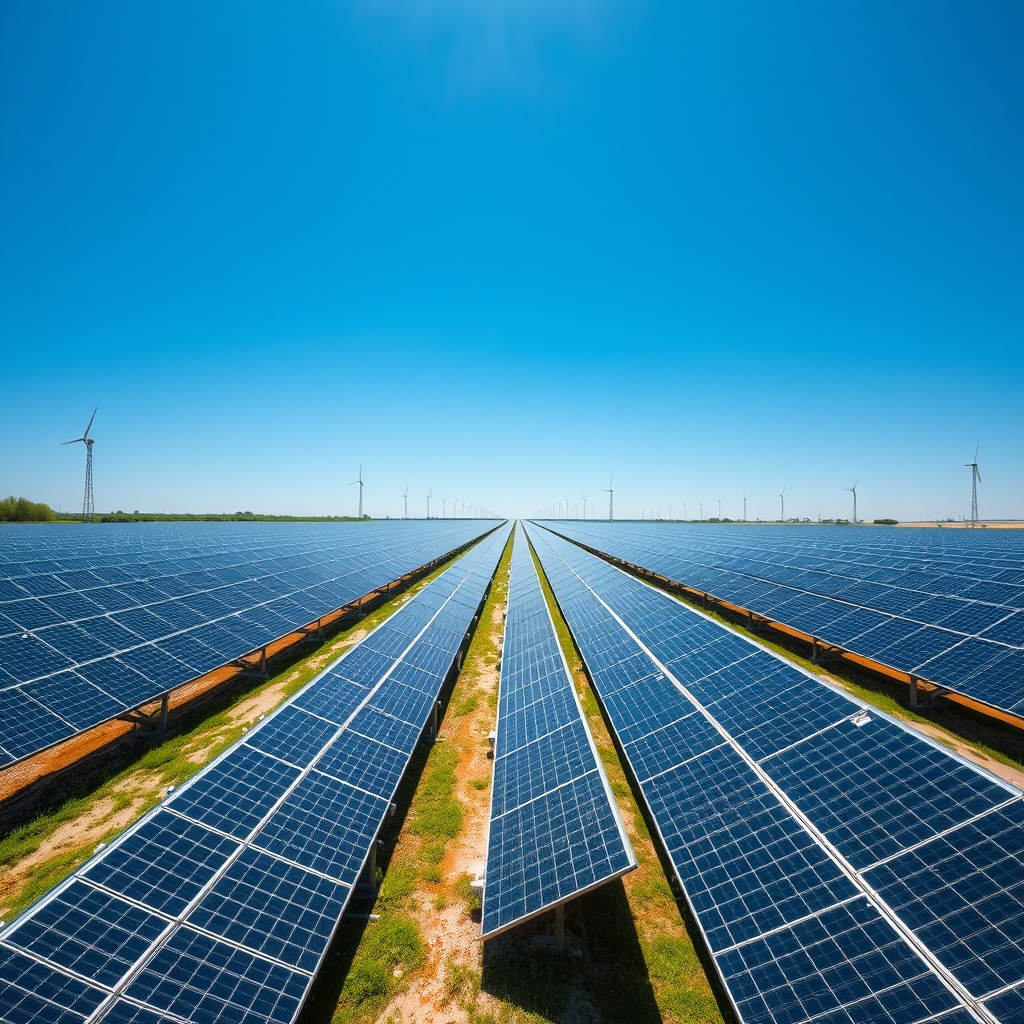 Veliko polje solarnih panela pod vedrim plavim nebom